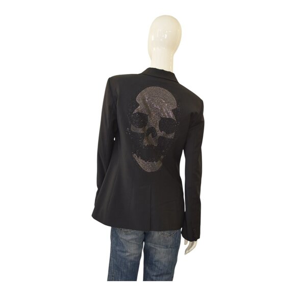 Philipp Plein Couture Black Tailored Blazer Crystal Embellished Skull Back sz L - Picture 1 of 12